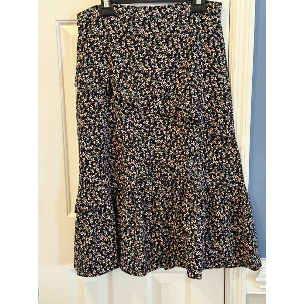 Luna Wom BOHO Midi Dress L  Cottage Floral Romantic Ruffle Hem 1/2 Elastic Waist